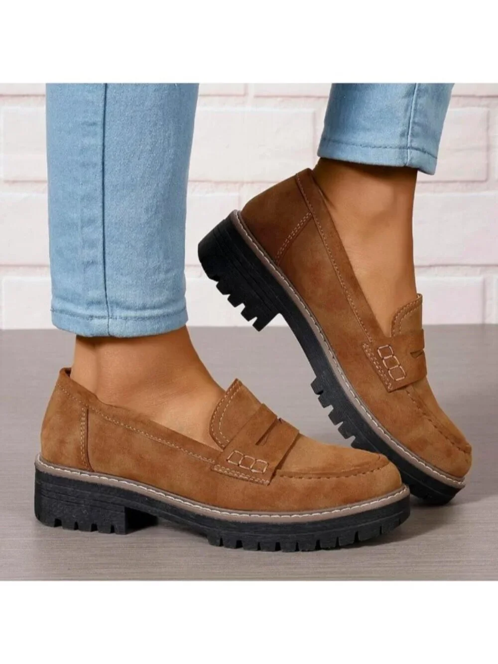 Womens Brown Suede Lug Sole Slip On Business Chunky Platform Penny Loafers Shoes